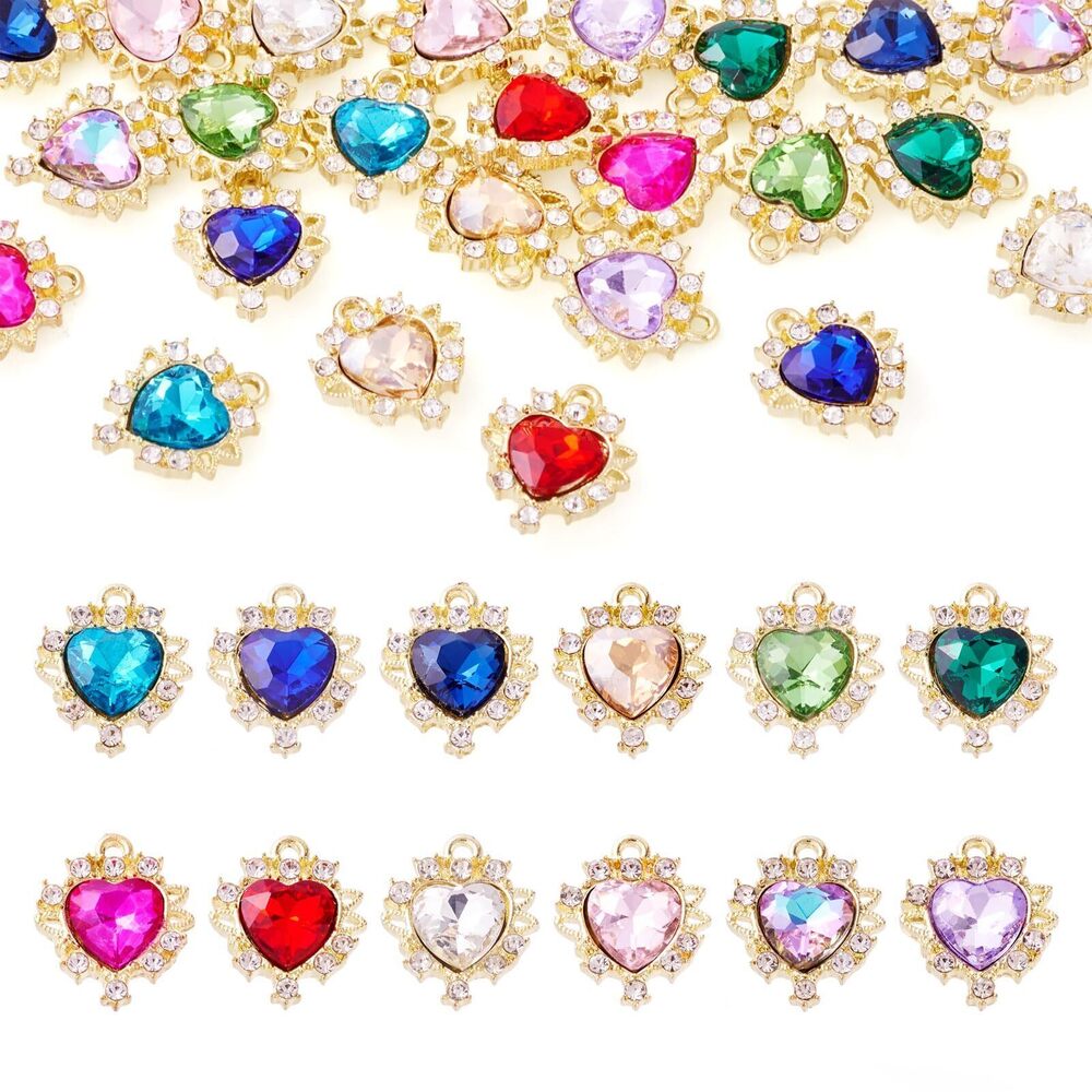 7142 24Pcs Alloy Rhinestone Heart Charms Golden Plated Crystal Flower
